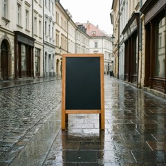 Empty Chalkboard Sign Standing in the Middle of a Wet Cobblestone Street in an Old European City.