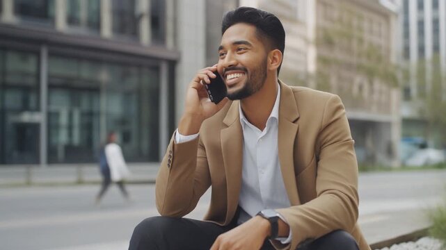 Smiling business professional taking a phone call outdoors in a bright urban environment, reflecting productivity, connectivity, and the flexibility of modern mobile work in a dynamic city setting.