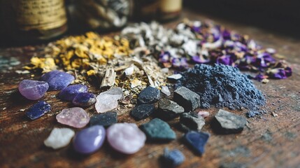 Still Life Arrangement of Rotting Debris on Wooden Table Surface