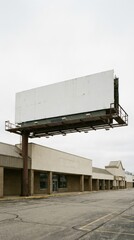 Large Blank Billboard Over Deserted Commercial Building on an Overcast Day.