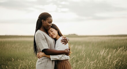 Diverse women embrace in field, celebrating International Women's Day with unity, support and tender love