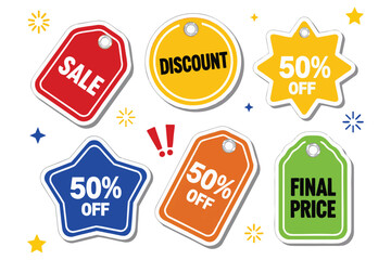 Colorful collection of sale, discount, and price tags on white background.