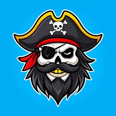 Cartoon pirate with skull face, eye patch, hat, and beard against blue