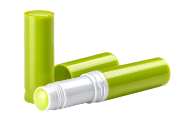 Open Lip Balm Stick with Green Cap and Base, isolated on transparent background