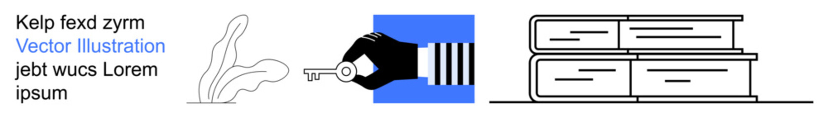 Education, security, access, knowledge, protection, and learning. A hand holding a key, books and abstract designs. Security and access highlighted with the key and hand as central focus