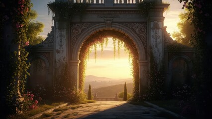 A serene and picturesque stone archway with lush greenery and a breathtaking sunset view through it in the mountains