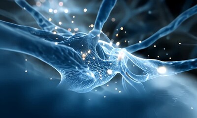 Detailed microscopic view of a human neuron with glowing connections and electrical impulses illustrating neural network activity and brain function in a dark blue background with bokeh effects