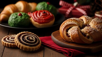 Delicious assortment of freshly baked pastries and cookies on a rustic wooden table, perfect for breakfast or a special treat.