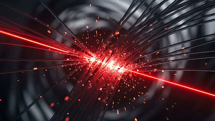 Laser Beam Cutting Through Wires: A vibrant red laser beam cuts through a dense bundle of wires, creating a spectacle of light and technology.