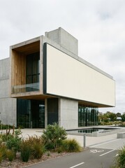 Modern Concrete and Wood Building with Large White Facade.