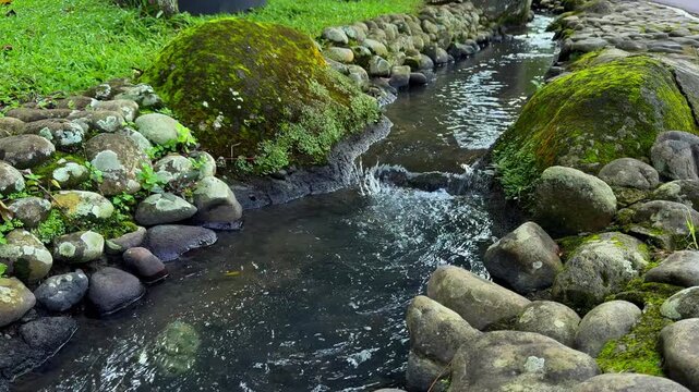Static Video A small waterfall, natural, calm stream flows slowly, decorated with mossy rocks. Nature Video or flowing water ASMR loops.