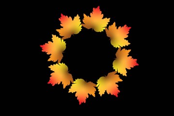 Golden autumn leaves arranged in a circular wreath pattern on a dark background, creating a warm seasonal abstract frame ideal for fall designs, festive themes, decorative graphics