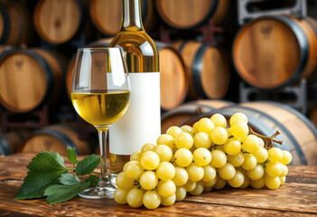 Obraz premium bottle of white wine, a glass, and a bunch of green grapes on wooden barrels