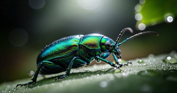 Close-up of a vibrant green beetle perched on a dewy leaf in a natural environment