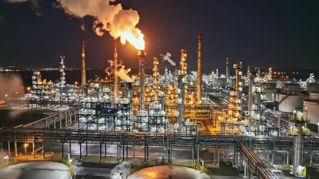 Nighttime refinery glows with tall, lit towers, flames, and rising steam over a massive complex now