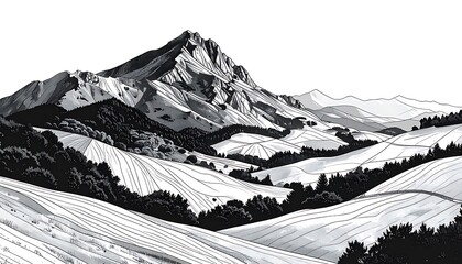Mountainous grayscale vista with rolling hills and forested valleys, rendered in a textured, line art style
