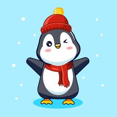 Cute Winking Penguin in Red Winter Hat and Scarf Happy in Winter Season Vector Illustration Cartoon 