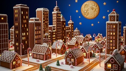 Whimsical gingerbread village and city skyline under a starry night sky with a large cookie moon, a sweet holiday fantasy.