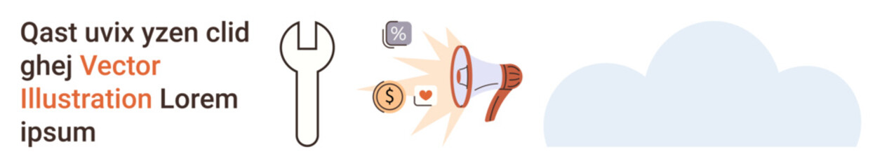 Technology solutions, digital services, online platforms, communication strategies, cloud computing, and advertising. A wrench, megaphone and cloud icon . Technology solutions and communication