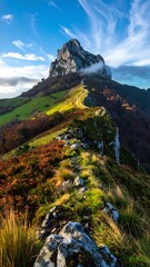 Obraz premium Mountainous ridge leads to a peak under a blue sky with wispy clouds, displaying varied vegetation