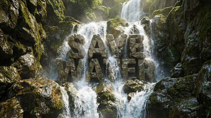 Save Water Text Formed from Waterfall Rocks with Clear Flowing Water