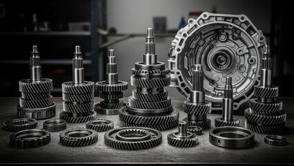 A collection of assorted gear components and mechanical parts on a table in a workshop or factory setting with various tools
