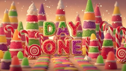 A festive candy land scene marking the beginning of a sweet new journey, featuring the text "day one"