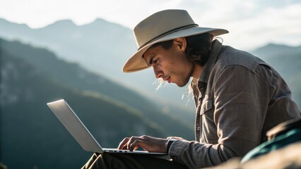 A person sits outdoors, focused on a laptop, wearing a wide-brimmed hat with mountains in the background, capturing a moment of work in nature.
