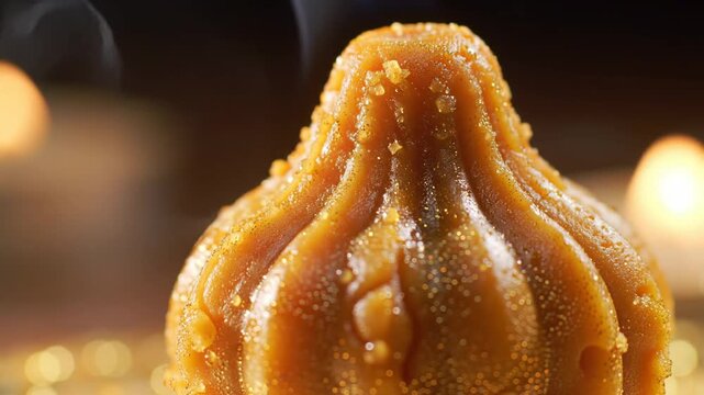 Close-up of delicious golden modak, traditional Indian sweet treat for festivals.