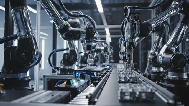 Row of robotic arms along a glossy production line, sparks flying under blue industrial lighting now
