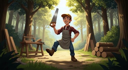 A happy young cartoon carpenter posing with a saw in his forest workshop.