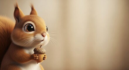 A cute, fluffy squirrel holds an acorn with its tiny paws.