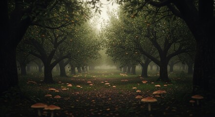 Misty path through an enchanted fruit orchard with scattered wild mushrooms.