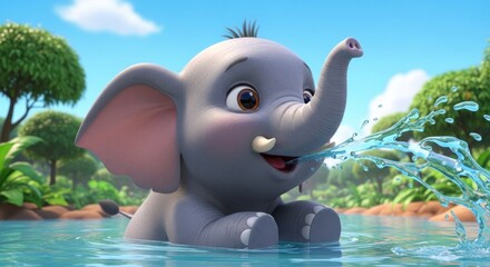 Cute baby elephant playing with water in a jungle.