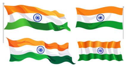 Republic day long flag waves elements Collection of Waving Indian Flags on Pole Isolated png transparent Illustration.