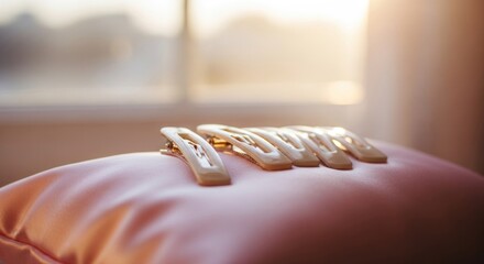Beige hair clips arranged on a pink satin pillow with soft lighting.