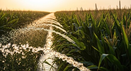 Corn field being watered at sunset.