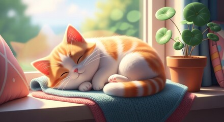 Adorable cat sleeping peacefully on a windowsill