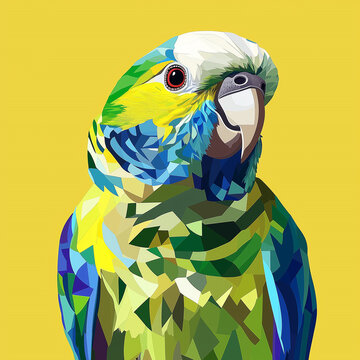 Stylish geometric WPAP parrot illustration made of bright polygons on a vibrant yellow background
