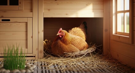 A hen sits on her nest inside a chicken coop.