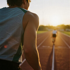 Fototapeta premium Athlete on Running Track Preparing for Race at Sunset