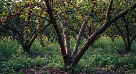 Mulberry Trees Laden with Ripe Berries in a Lush Green Orchard