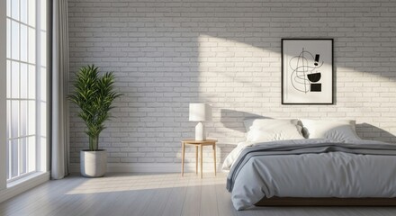 Modern bedroom with white brick wall and natural light.