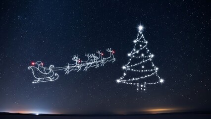 Drone light show creating Santa's sleigh and reindeer alongside a Christmas tree against a starry night sky.