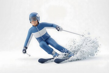 Obraz premium Dynamic 3D Cartoon Skier Carving Turn with Snow Spray on White Background