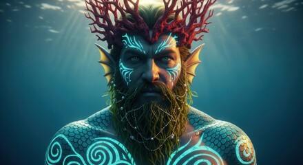Mysterious merman with coral crown and glowing markings underwater.