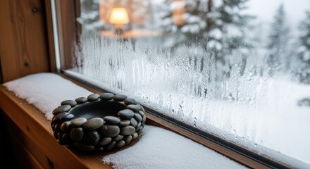 Cozy winter window with snowy forest view and an ashtray.