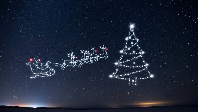 Drone light show creating Santa's sleigh and reindeer alongside a Christmas tree against a starry night sky.