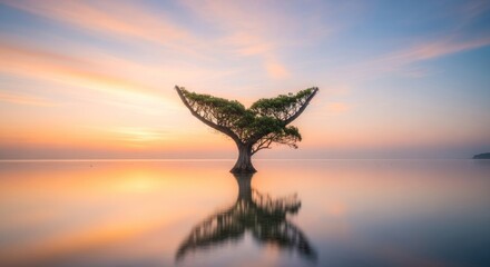 Tree shaped like a whale tail at sunset, reflected in the calm ocean.