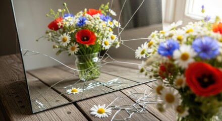 A bouquet of wildflowers is reflected in a cracked mirror.